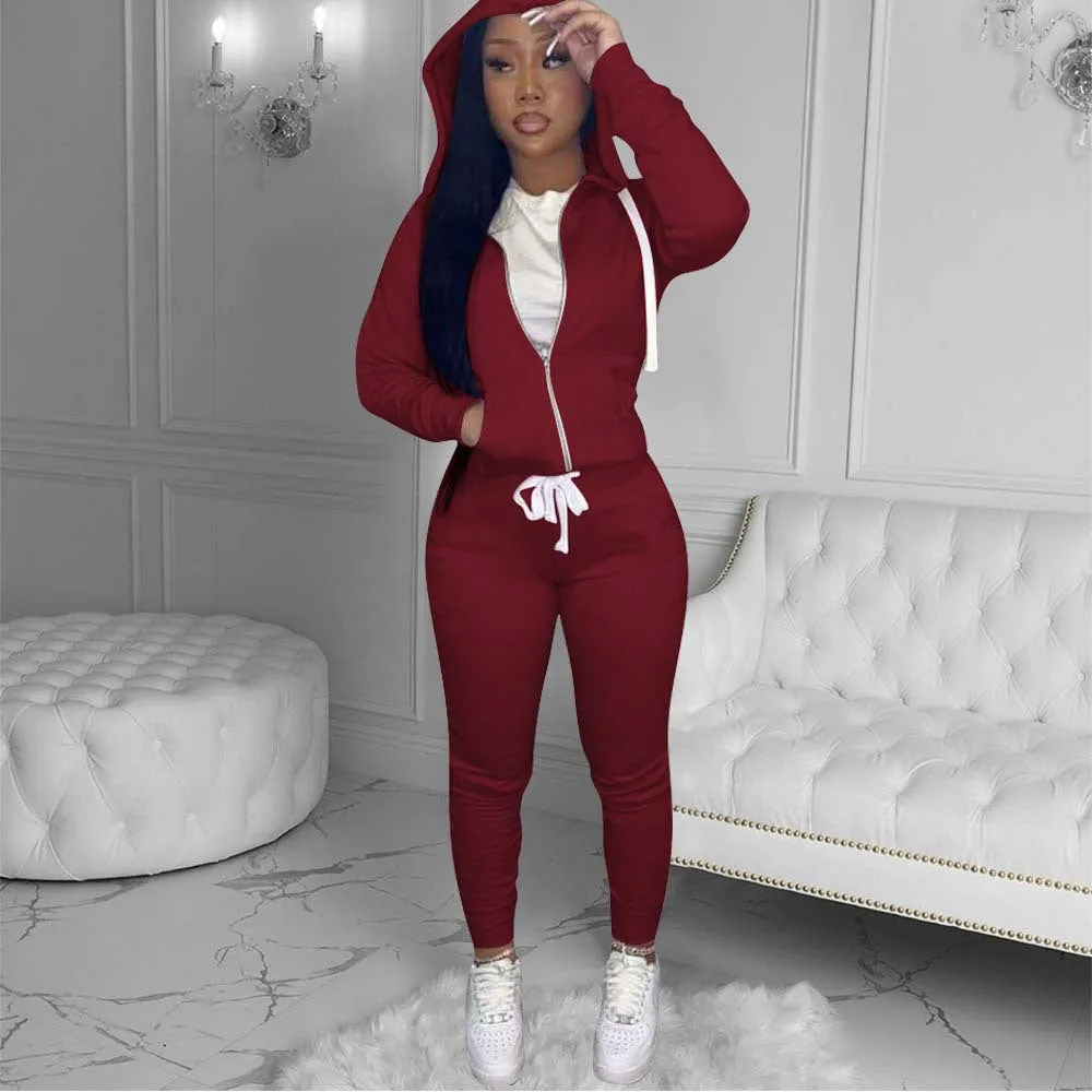 2pcs Sets Drawstring Solid Zipper Hoodies   Slim Pants