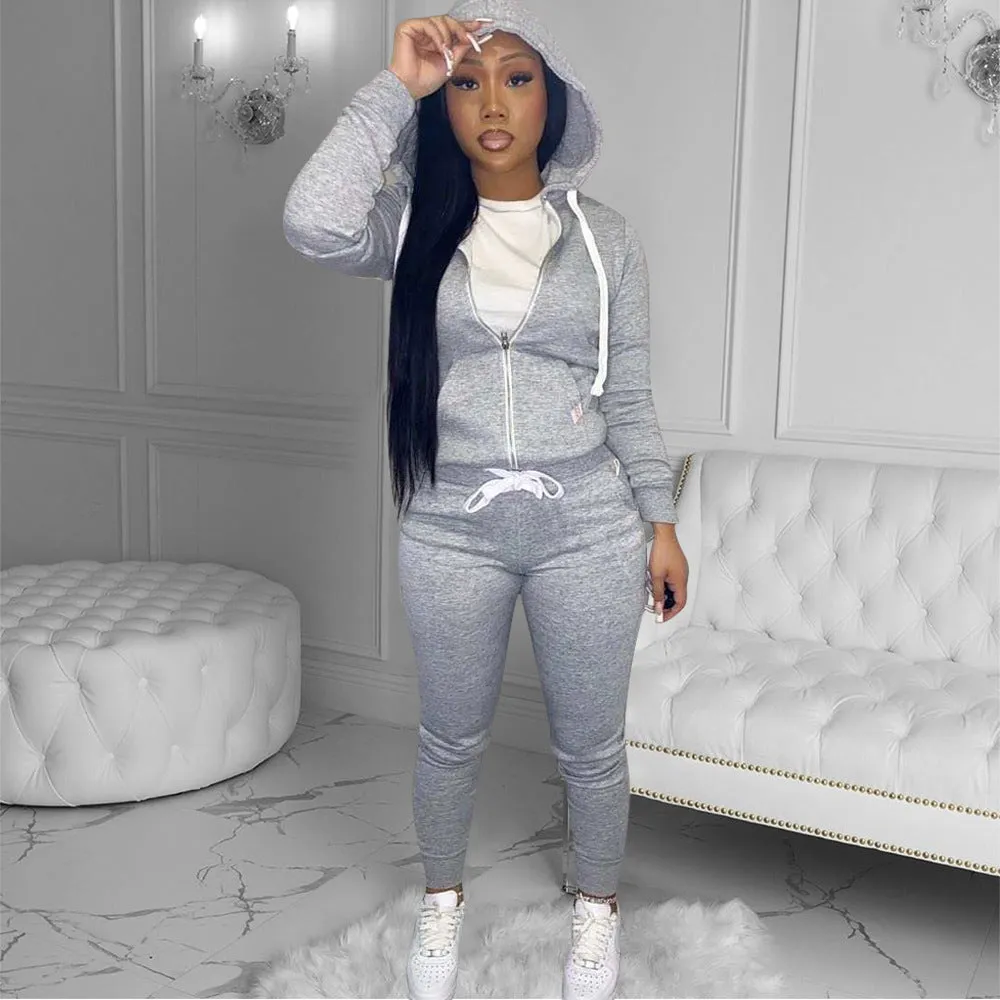 2pcs Sets Drawstring Solid Zipper Hoodies   Slim Pants