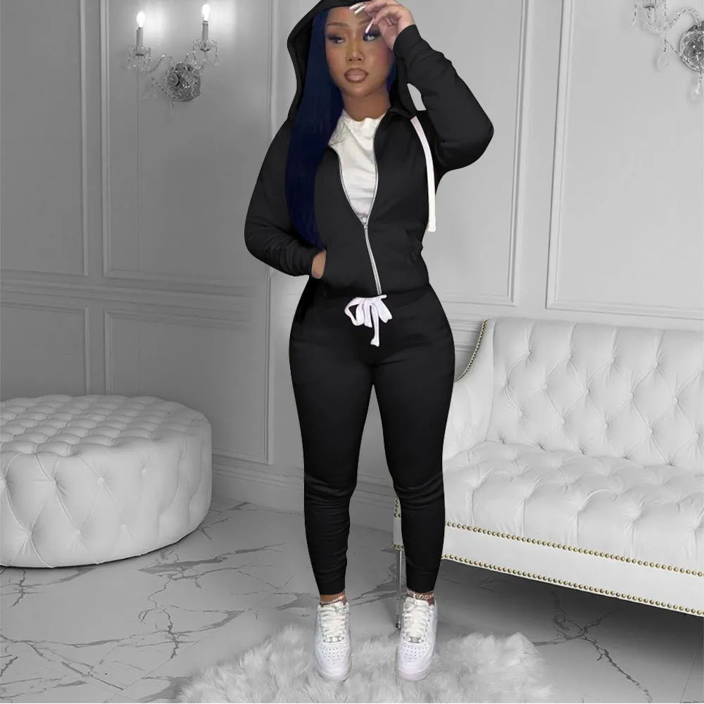 2pcs Sets Drawstring Solid Zipper Hoodies   Slim Pants