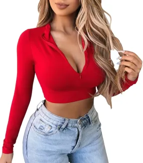 Artfish Women's Long Sleeve Quarter Zip Crop Tops Fleece Lined V Neck Fitted Sexy Cropped Shirts (01#Bright Red, M)