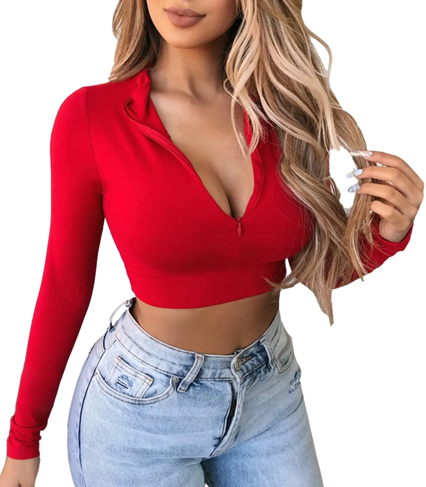 Artfish Women's Long Sleeve Quarter Zip Crop Tops Fleece Lined V Neck Fitted Sexy Cropped Shirts (01#Bright Red, M)