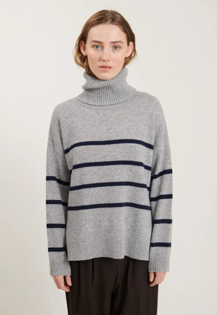 Basic Apparel Lise Striped T-neck Light Grey Mel. / Sky Captain