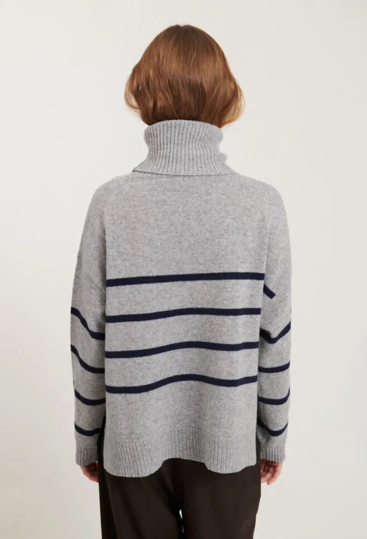 Basic Apparel Lise Striped T-neck Light Grey Mel. / Sky Captain