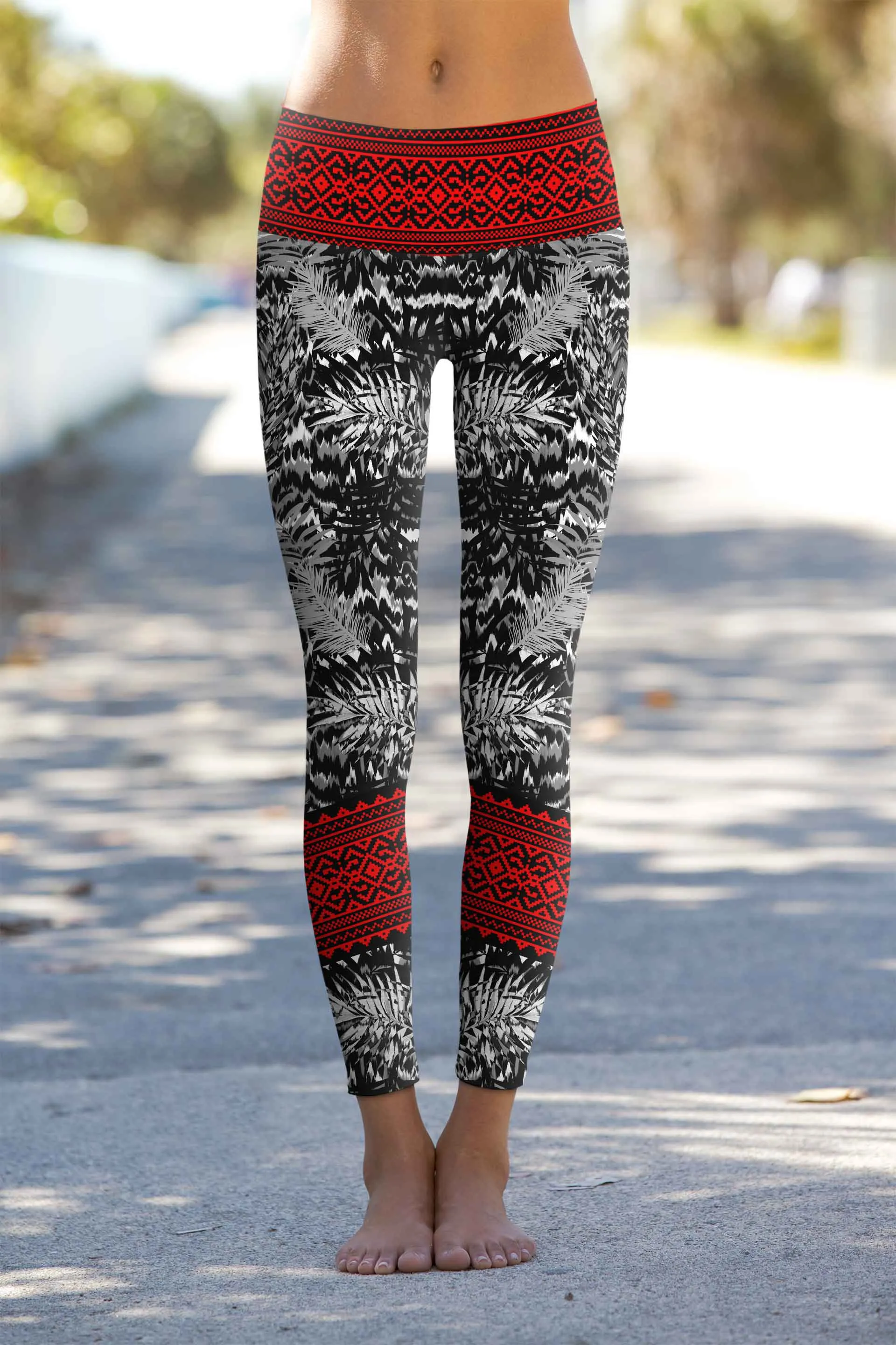 BUY 1 GET 4 FREE! Tribe Lucy Black & Red Aztec Print Leggings Yoga Pants - Women