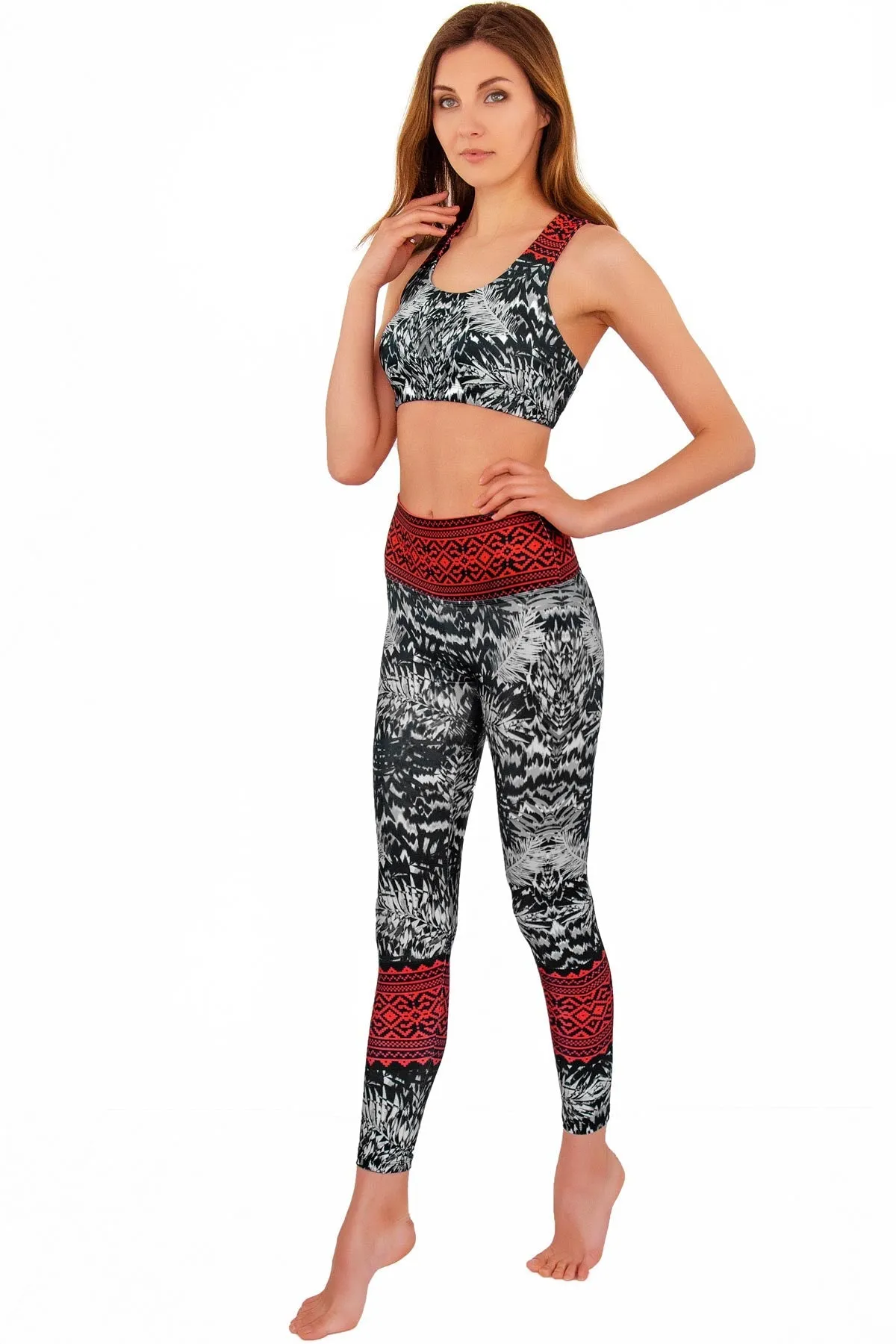 BUY 1 GET 4 FREE! Tribe Lucy Black & Red Aztec Print Leggings Yoga Pants - Women