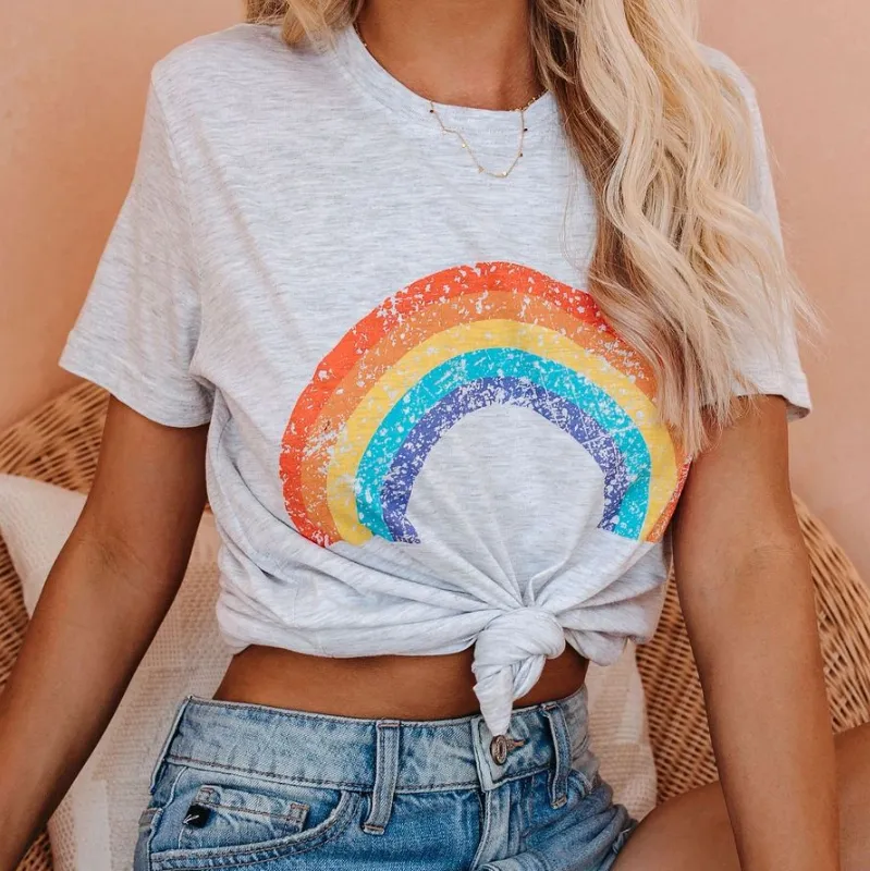 Casual Cotton Rainbow Print Short Sleeve Loose T-shirts