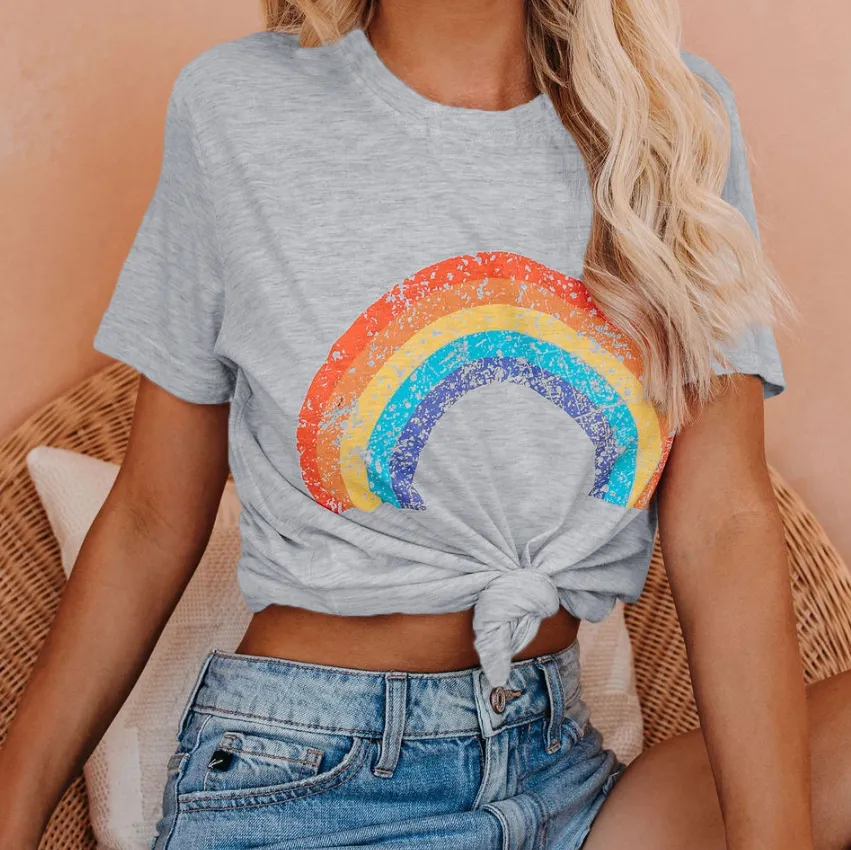 Casual Cotton Rainbow Print Short Sleeve Loose T-shirts