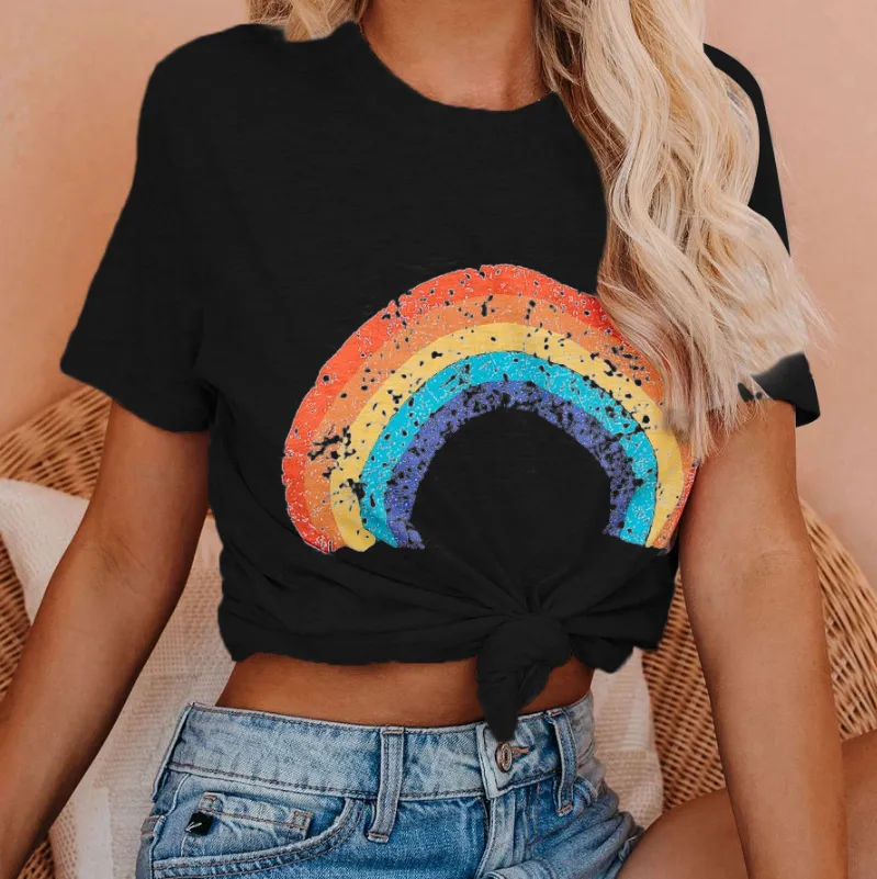 Casual Cotton Rainbow Print Short Sleeve Loose T-shirts