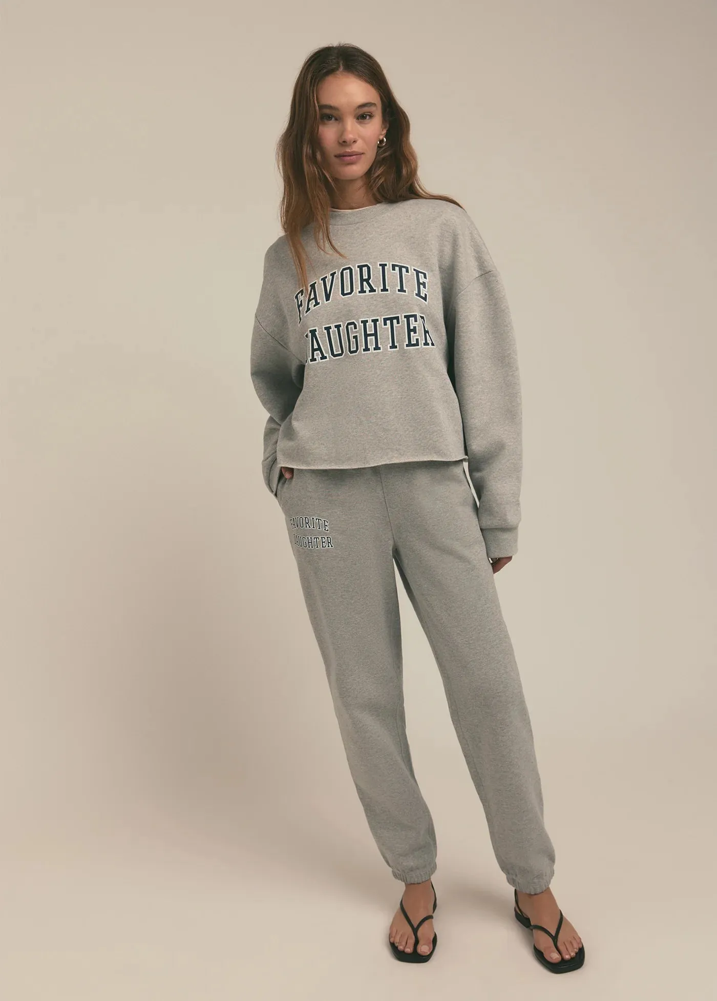 Cropped Collegiate Sweatshirt in Heather Grey with Navy
