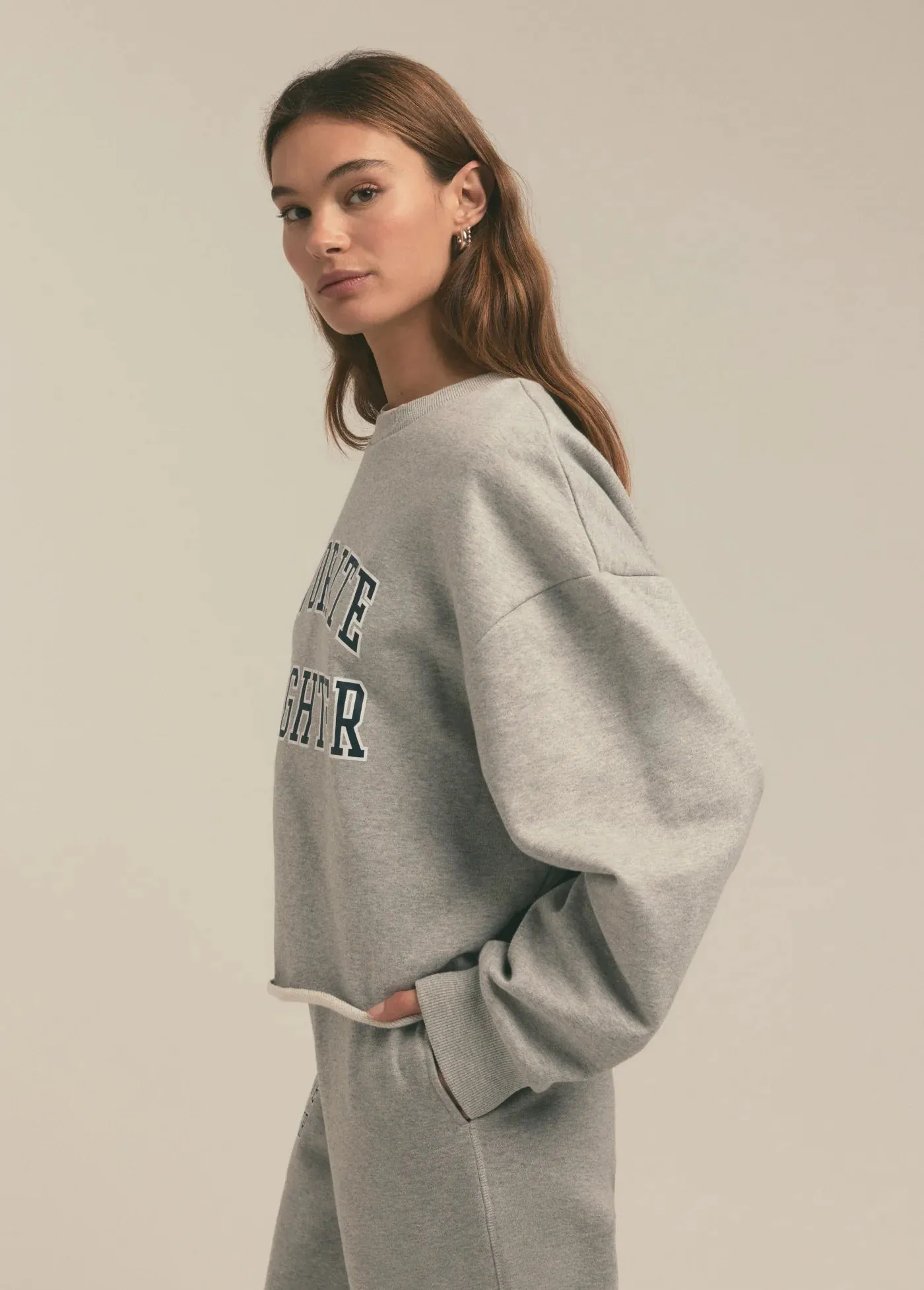 Cropped Collegiate Sweatshirt in Heather Grey with Navy