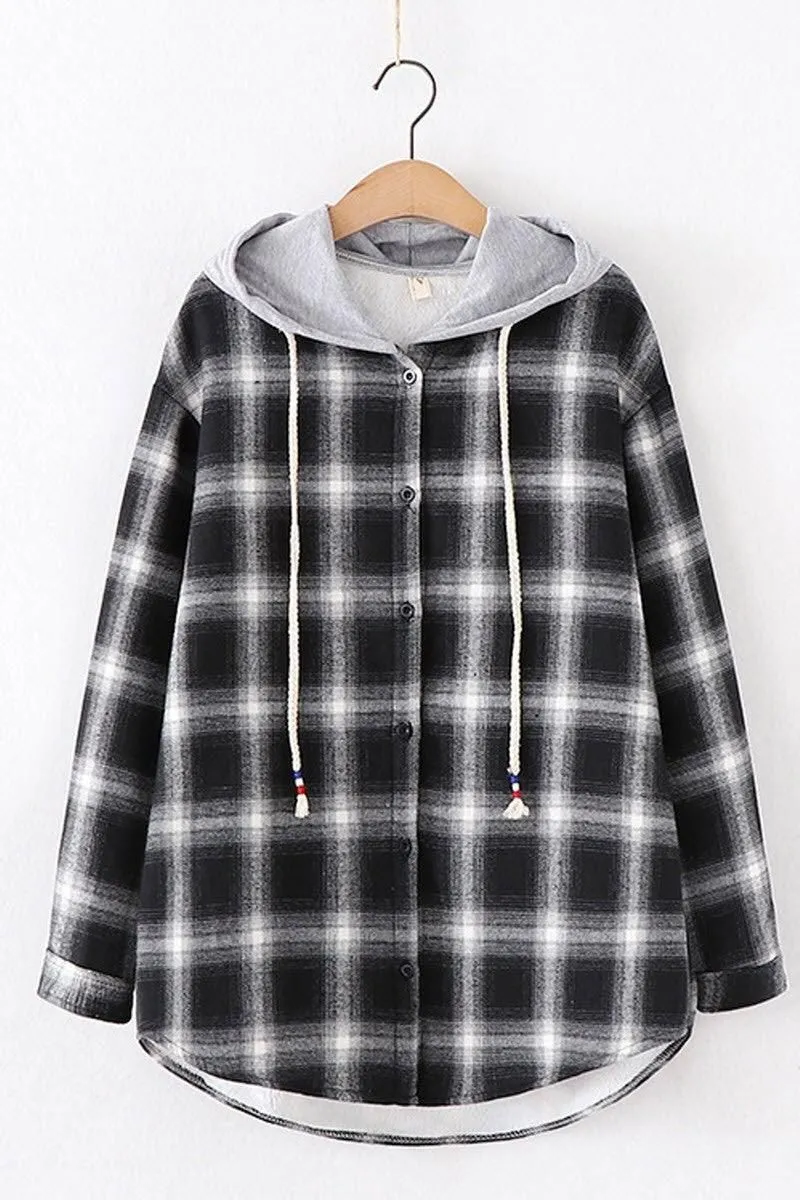 HOODED BF LOOSE PLAID INNER FLEECE WARM SHIRT