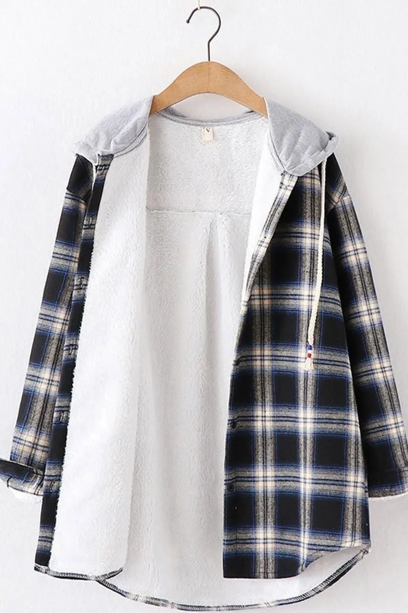 HOODED BF LOOSE PLAID INNER FLEECE WARM SHIRT