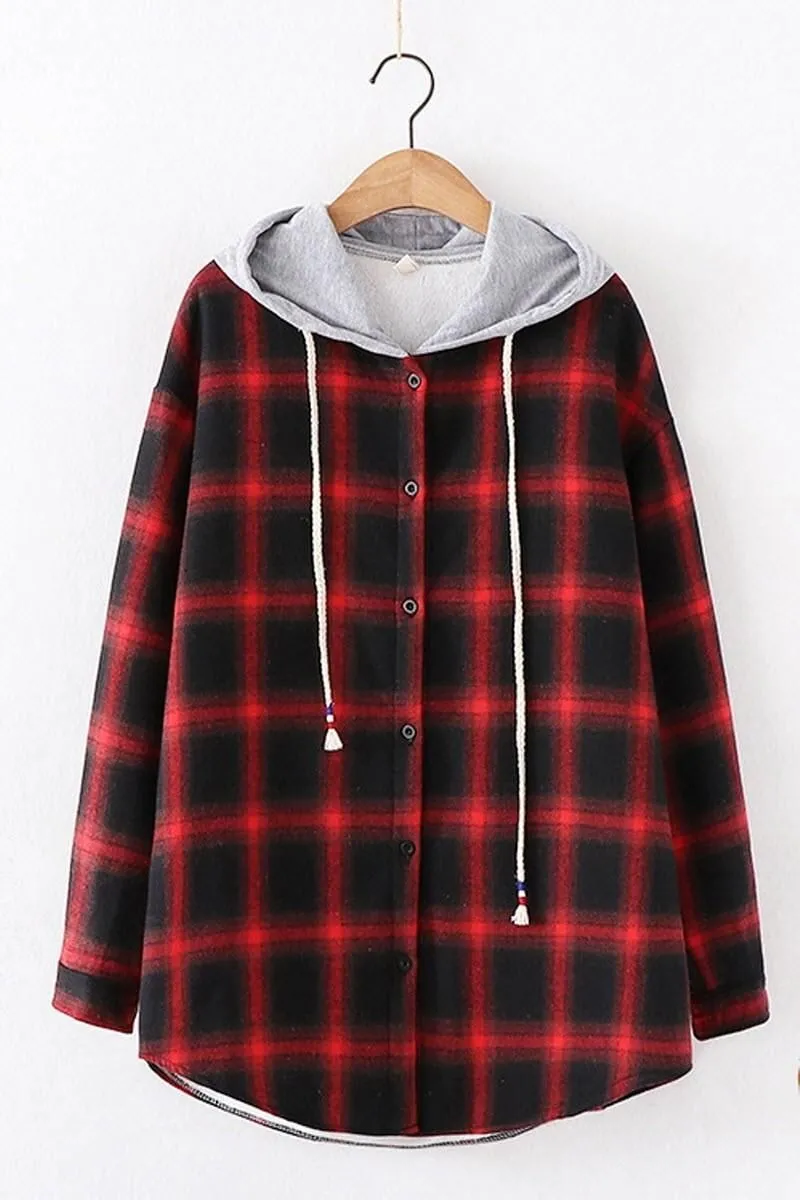 HOODED BF LOOSE PLAID INNER FLEECE WARM SHIRT