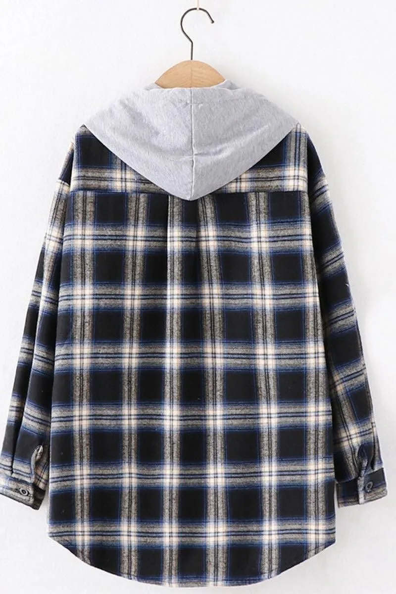 HOODED BF LOOSE PLAID INNER FLEECE WARM SHIRT