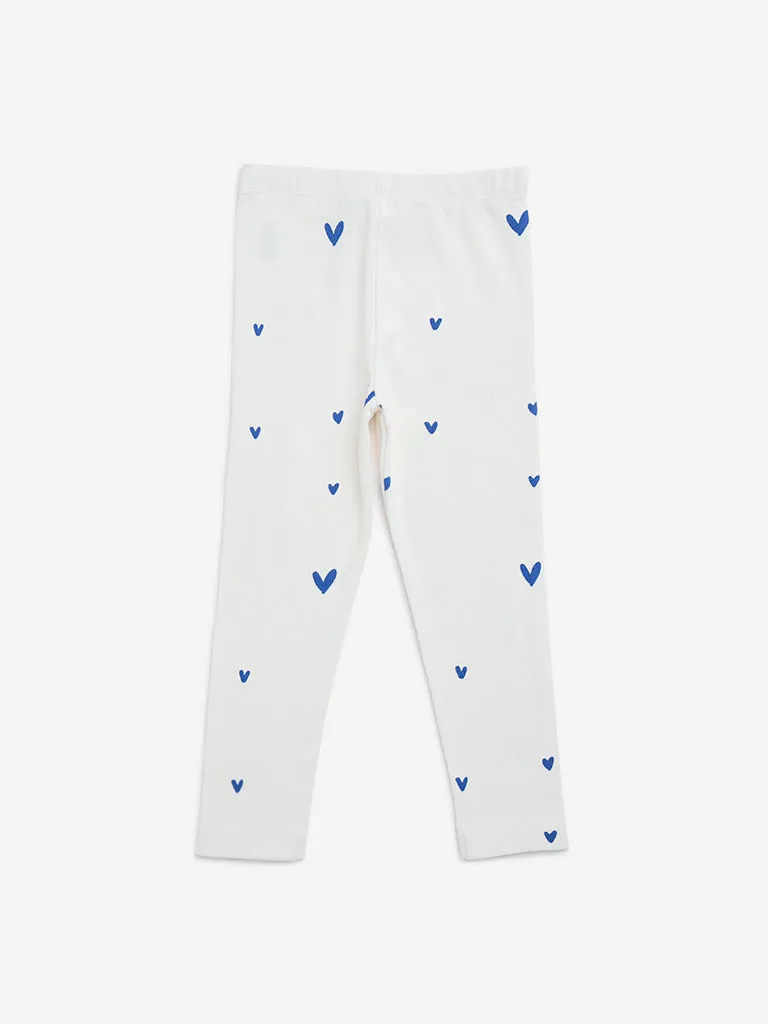 HOP Kids White Heart-Printed Cotton-Blend Leggings