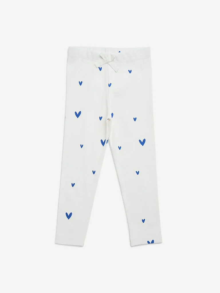 HOP Kids White Heart-Printed Cotton-Blend Leggings