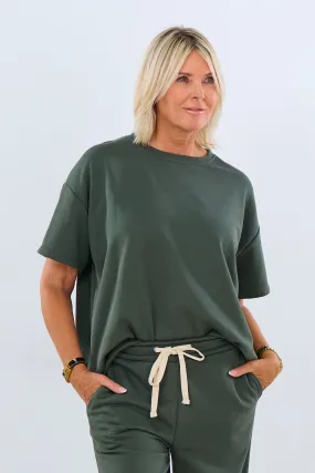 Kurzarm-Sweaty mit Rundhalsausschnitt, khaki