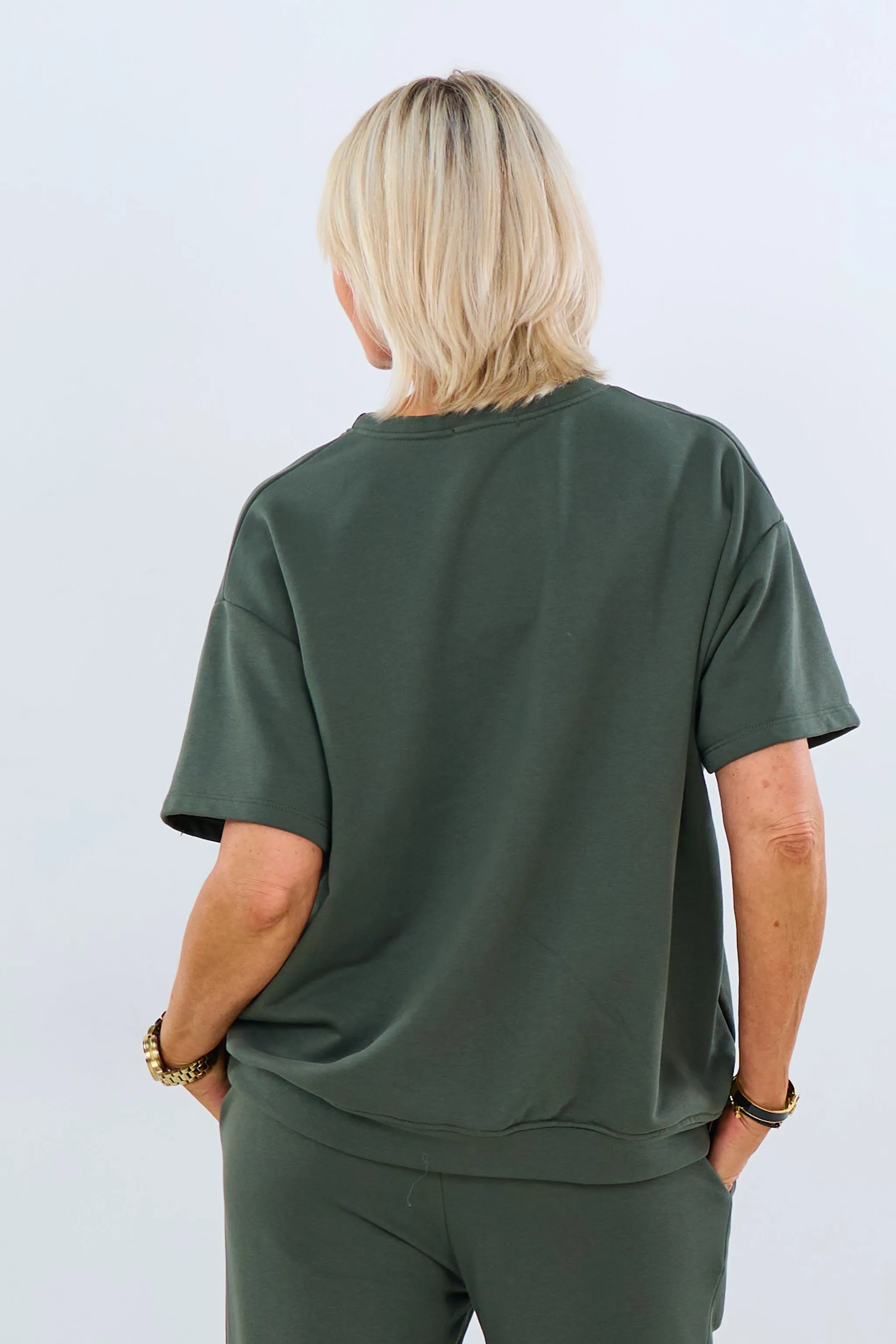 Kurzarm-Sweaty mit Rundhalsausschnitt, khaki