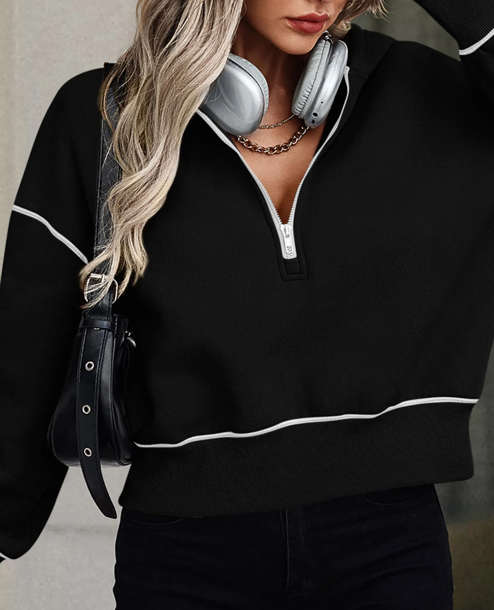 Long Sleeve Half Zip Cropped Pullover Hoodies