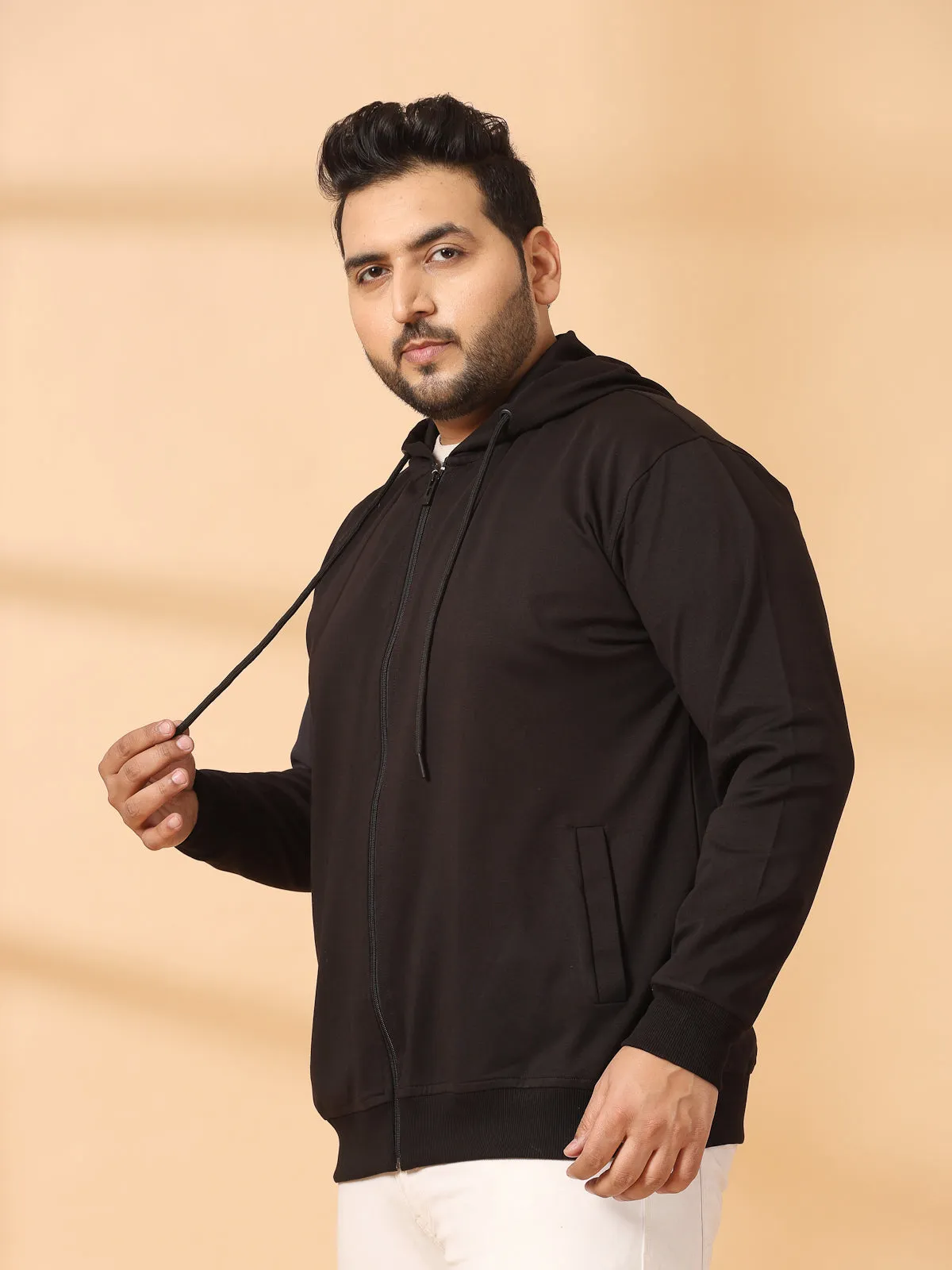 Men Solid High Neck Cotton Front-Open Sweatshirt