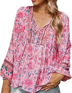 NEW Womens Fashion Tops Loose V Neck Printed Loose Casual Long Sleeves T Shirt Shirts T Shirts Womens, Pink, Sz XL
