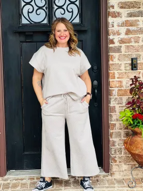 Oatmeal Getaway Textured Cropped Wide Pants