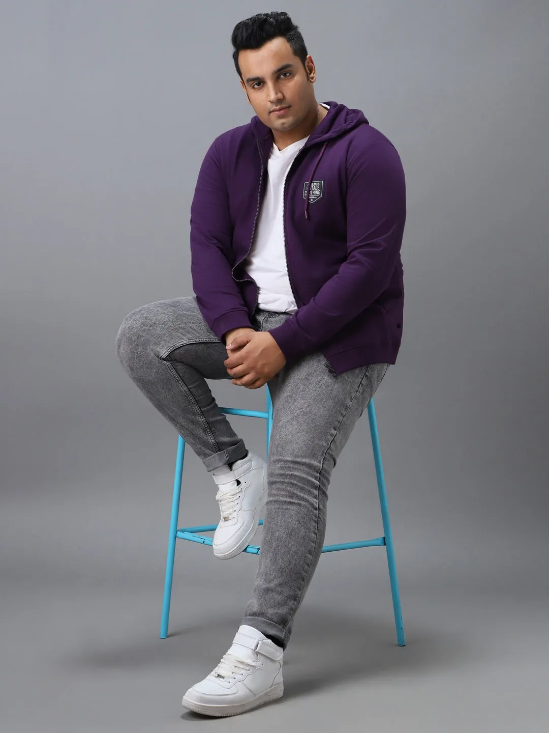 Plus Men's Purple Cotton Solid Zippered Hooded Neck Sweatshirt