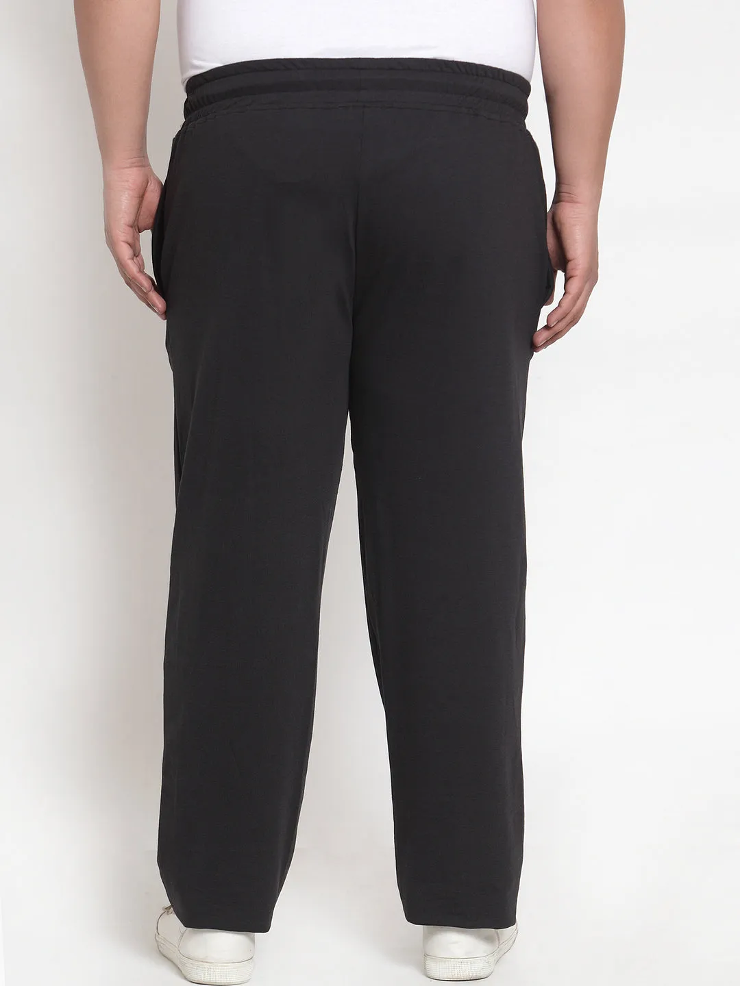 plusS Men Black Solid Cotton Straight-Fit Track Pants
