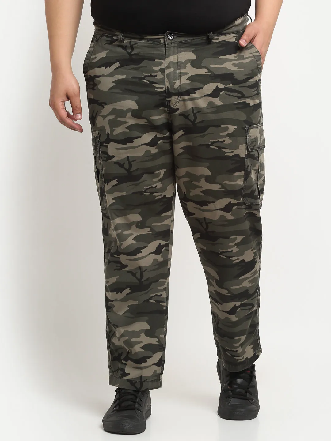 plusS Men Olive Green, Black And Brown Camouflage Printed Cotton Cargo Trousers