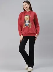 plusS Plus Size Women Red Printed Fleece Hooded Sweatshirt