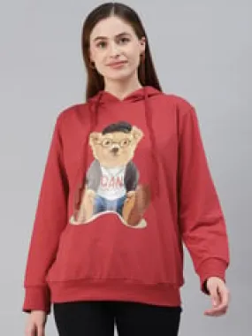 plusS Plus Size Women Red Printed Fleece Hooded Sweatshirt