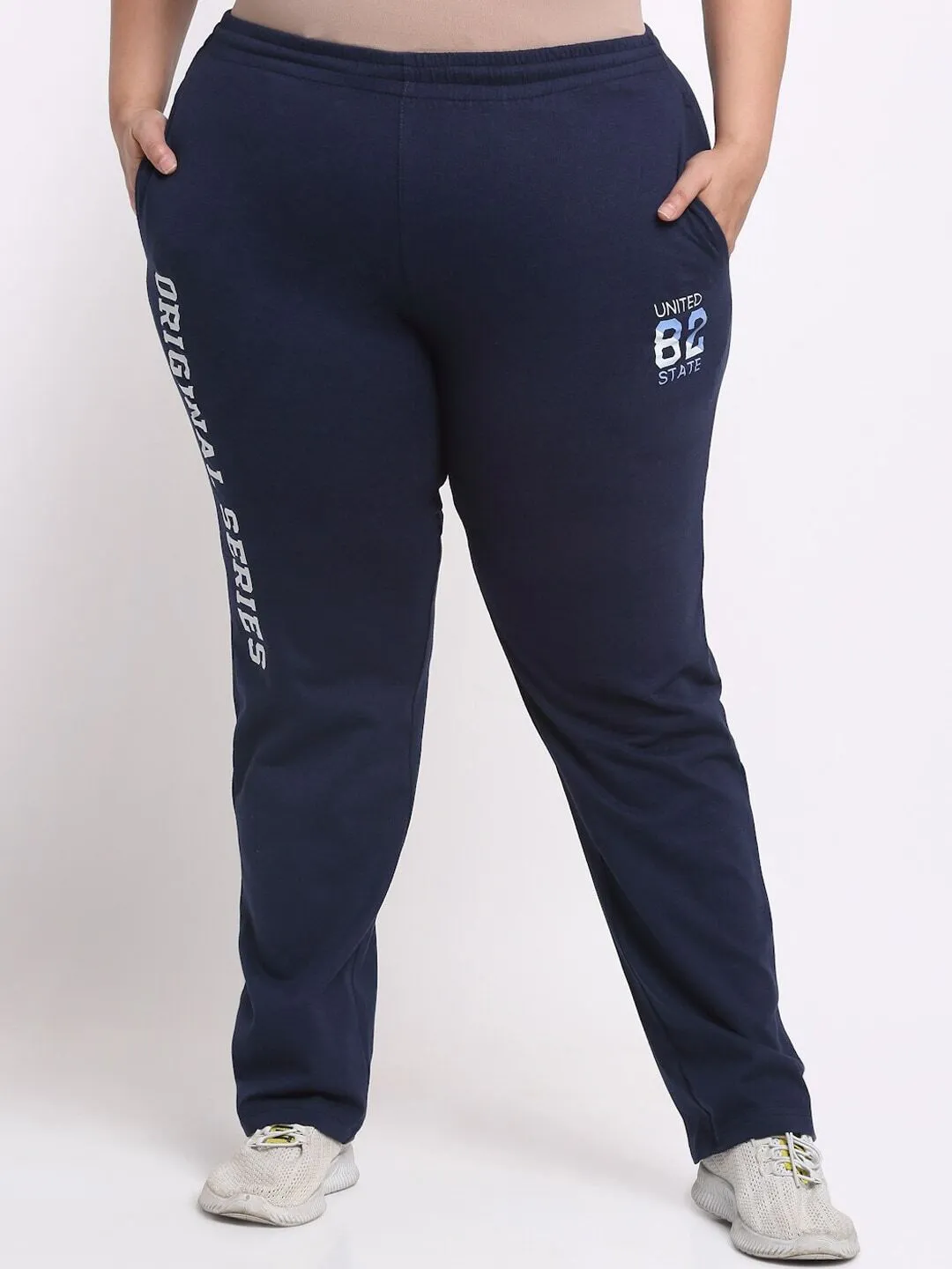 plusS Women Plus Size Navy Blue Typography Printed Mid Rise Cotton Track Pants