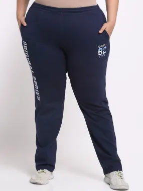 plusS Women Plus Size Navy Blue Typography Printed Mid Rise Cotton Track Pants