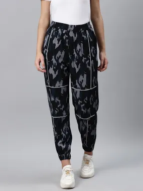 plusS Women Trendy Teal Blue and Grey Camouflage Print Joggers