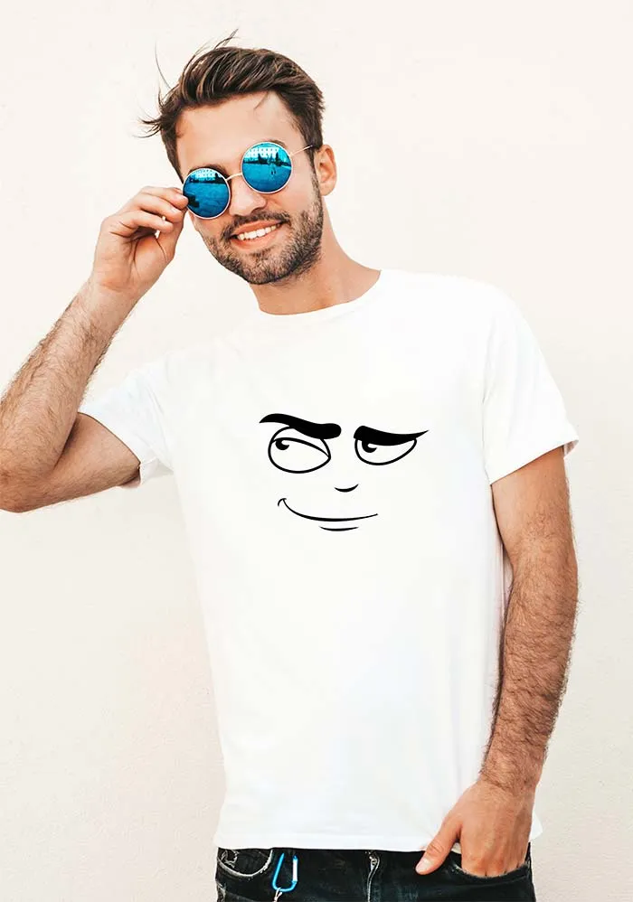 Smile Face Print T-Shirt, White Unisex TShirt with Smile Face printing