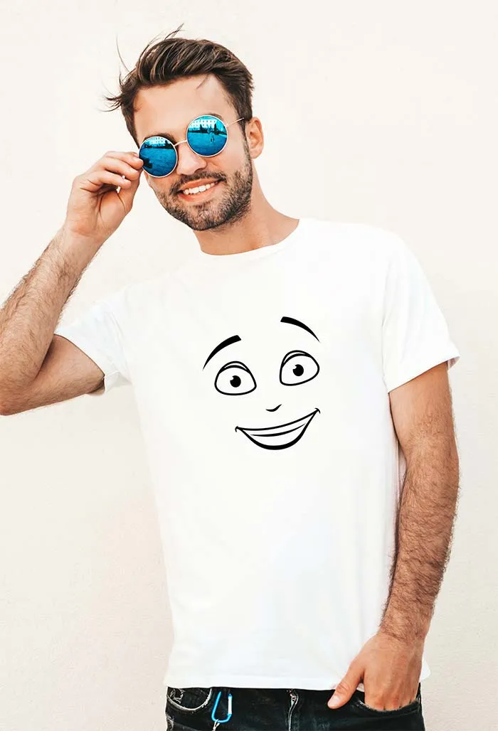 Smile Face Print T-Shirt, White Unisex TShirt with Smile Face printing