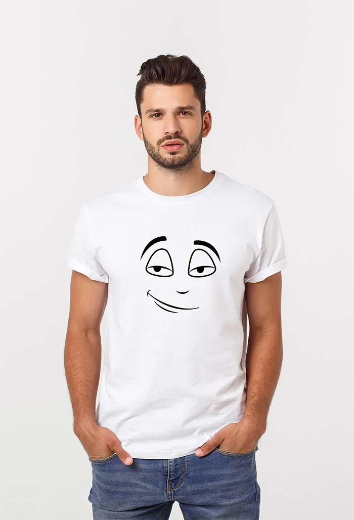 Smile Face Print T-Shirt, White Unisex TShirt with Smile Face printing