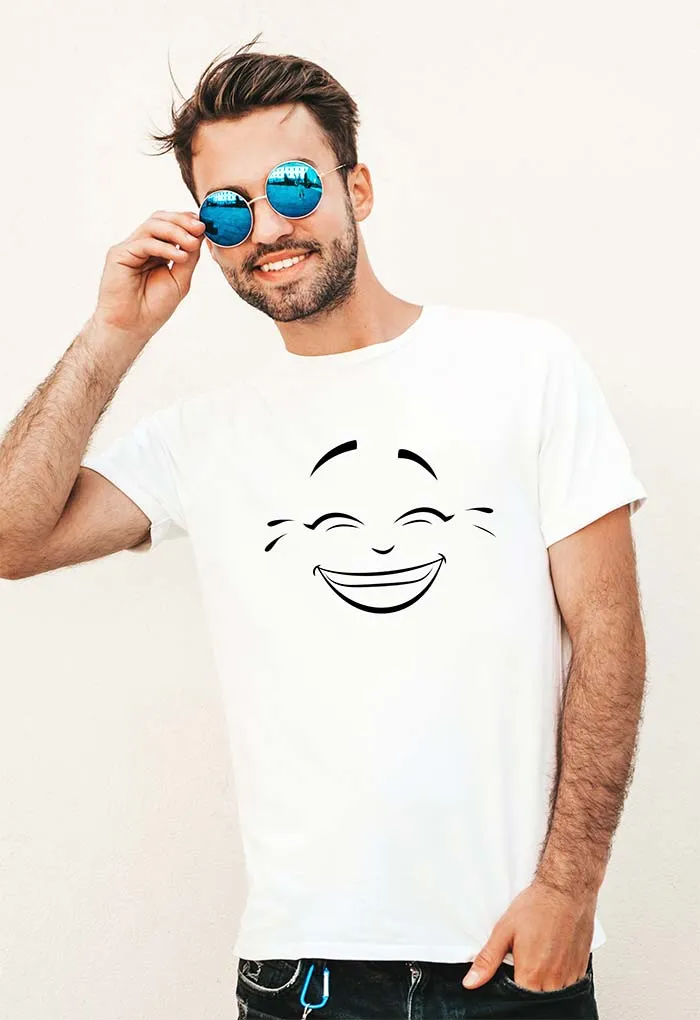 Smile Face Print T-Shirt, White Unisex TShirt with Smile Face printing