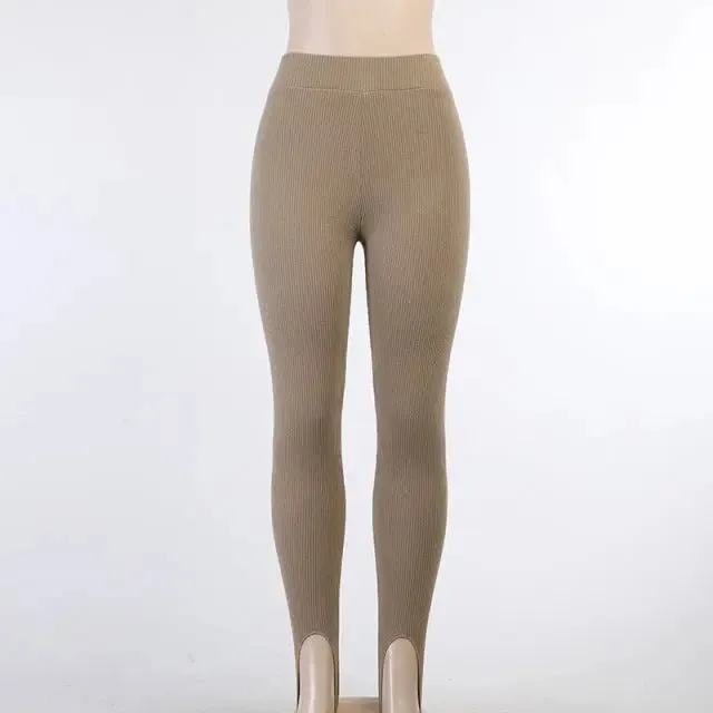Tossy Beige Ribbed Knit Leggings Women High Waist Cotton Fitness Basic Pants Casual Spring New All-Match Female Skinny Leggings
