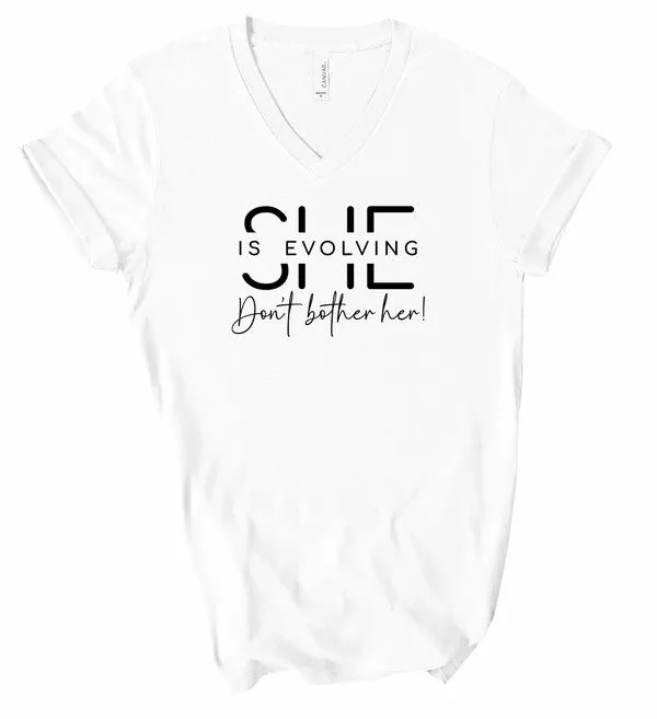 V-Neck She Is Evolving Graphic Boutique Tee