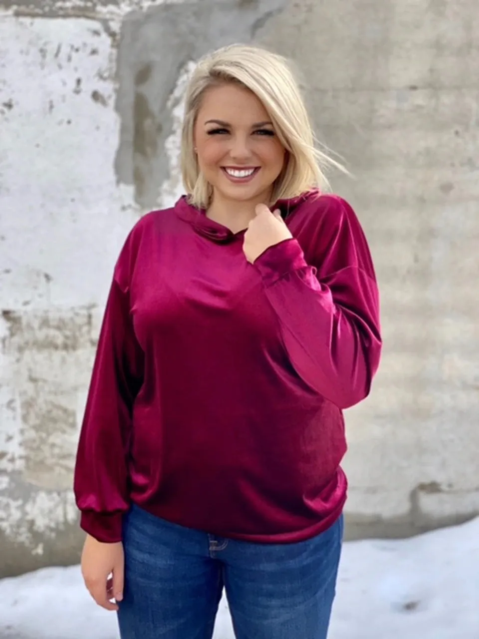 Velvet Hooded Pullover Burgandy