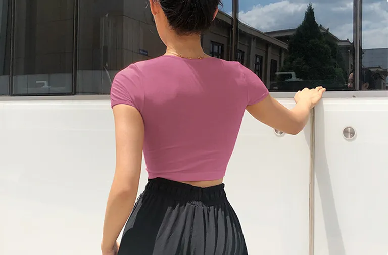 Voguable  Solid Color Crop Top Women Yoga Shirts Short Sleeves Running Sport T Shirts Women Breathable Tight Gym Tops Yoga Top