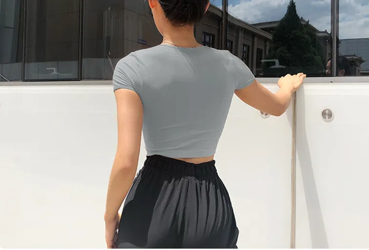 Voguable  Solid Color Crop Top Women Yoga Shirts Short Sleeves Running Sport T Shirts Women Breathable Tight Gym Tops Yoga Top