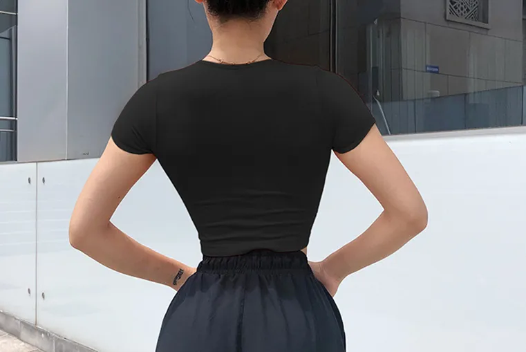 Voguable  Solid Color Crop Top Women Yoga Shirts Short Sleeves Running Sport T Shirts Women Breathable Tight Gym Tops Yoga Top