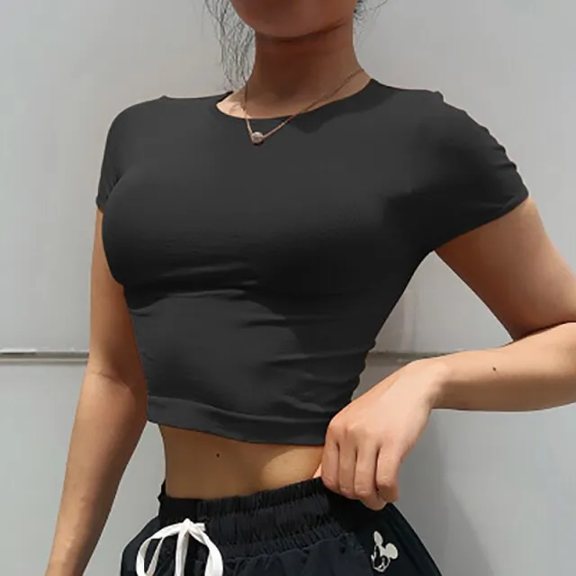 Voguable  Solid Color Crop Top Women Yoga Shirts Short Sleeves Running Sport T Shirts Women Breathable Tight Gym Tops Yoga Top