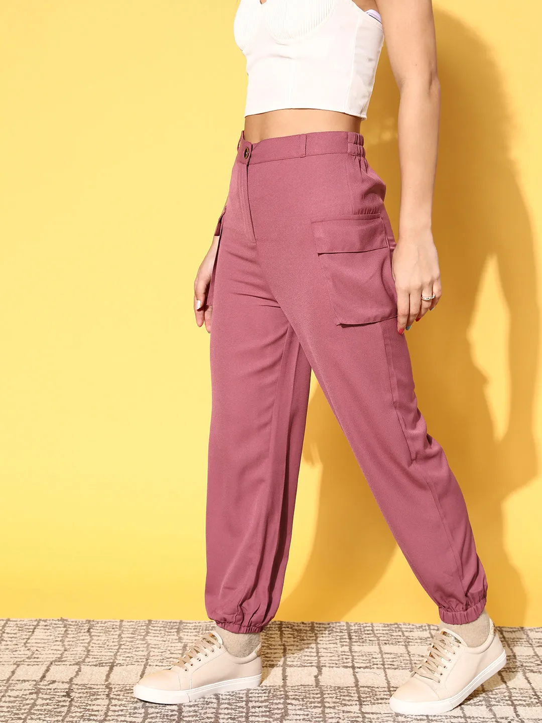 Women Burgundy Solid Utility Track Pants